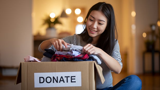 Happy woman donates clothes warm home lighting cozy feel charity act clothing donation box kindness photo