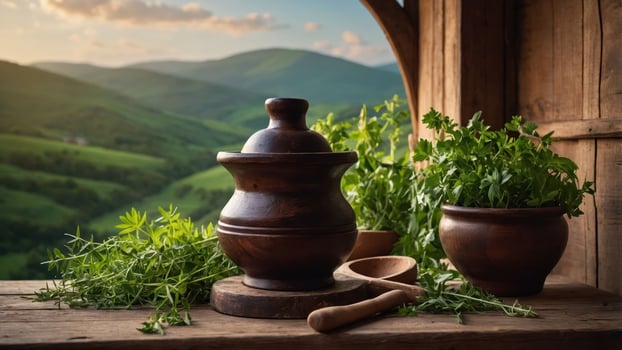 Wooden Pot and Green Herbs on Rustic Table with Mountain View photo