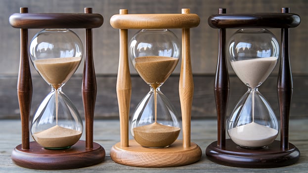 Three elegant hourglass timers showing time s passage classic wooden bases sands slowly flowing photo