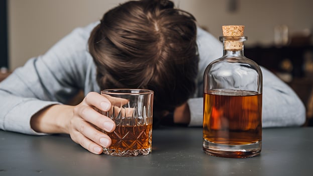 Person slumped over holding a glass of whiskey with a bottle nearby dim lighting somber mood photo