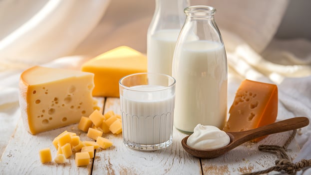 Dairy goodness milk cheese sour cream on rustic white wood soft light photo