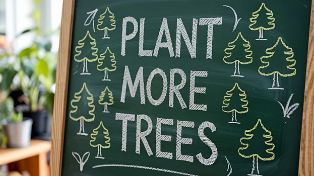 Chalkboard message Plant More Trees with hand drawn trees promoting environmental awareness and photo