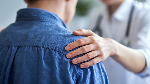 Doctor s comforting hand on patient s shoulder showing empathy and care during a medical photo