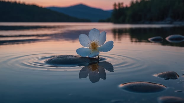 White Flower Resting on Stone in Calm Water at Sunset photo