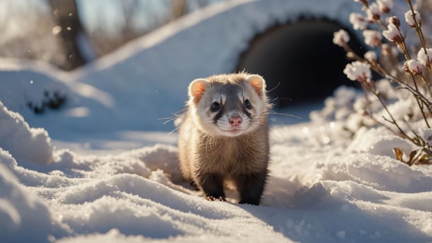 Ferret Standing in Snow on a Sunny Winter Day Outside photo