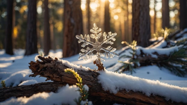 Snowflake on Log in Winter Forest with Sunlight Shining Through Trees photo