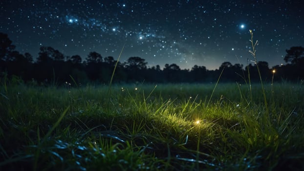Fireflies Glow Among the Green Grass Under a Starry Night photo