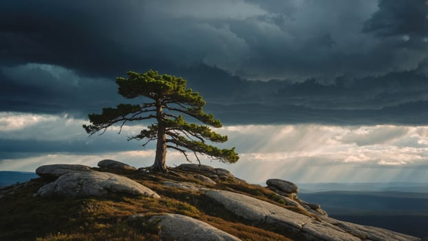 Solitary Tree Stands on Rocky Hill with Dramatic Sky Backlighting photo