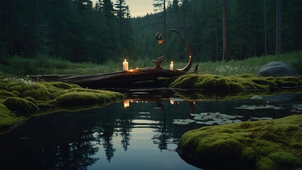 Calm Pond Scene with Candles Lighting a Forest Landscape photo