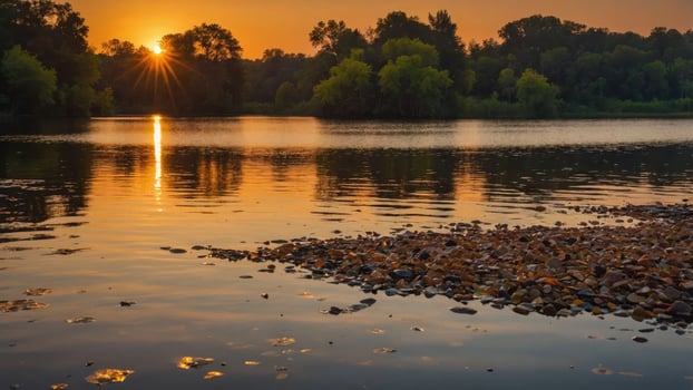 Lake at Sunset Reflecting Golden Light with Rocky Shoreline photo