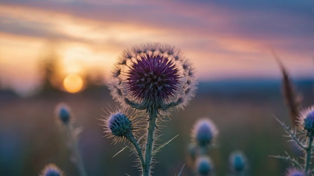 Thistle Flower with Purple Bloom at Dusk in Golden Light photo