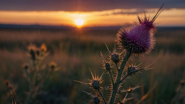 Purple Thistle Flower Blooming at Sunset in a Field of Grass photo