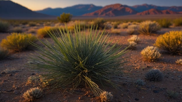 Desert Plant Growing in Arid Landscape with Mountains at Sunset photo