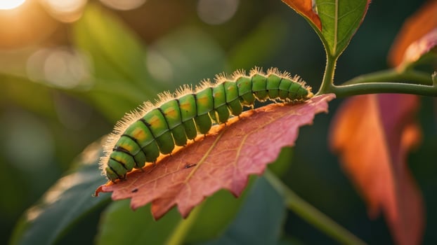 Green Caterpillar Crawling on Autumn Leaf in Warm Sunset Light photo