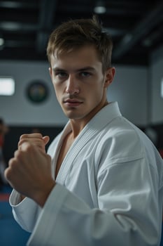 A white man, 23 years old, brown hair, wearing a karate suit, fists up in a gym with other people in the background photo