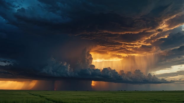 Dramatic Storm Clouds with Rain Showers Over Green Field Landscape photo