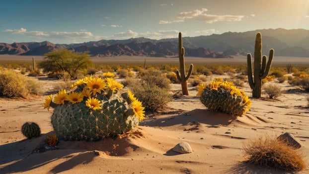 Cactus Bloom in Desert Landscape with Distant Mountains and Blue Sky photo