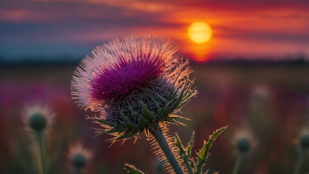 Purple Thistle Flower Blooming at Sunset in a Warm Field photo