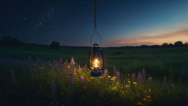 Hanging Lantern Illuminates Night Meadow with Flowers and Starry Sky photo