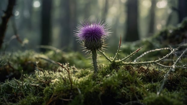 Purple Thistle Flower Growing in Forest Moss with Morning Dew photo