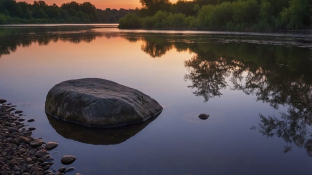 River Landscape with Large Rock and Tree Reflections at Dusk photo