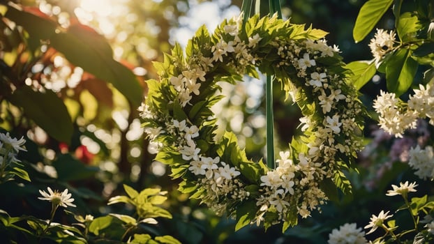 Floral Wreath Hanging in a Garden with White Flowers and Sunlight photo