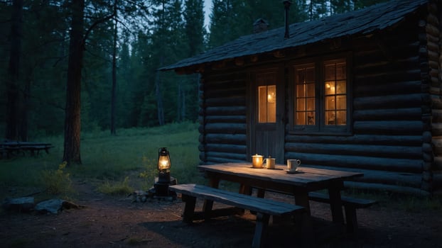 Cozy Cabin in Woods with Warm Light and Peaceful Picnic Table photo