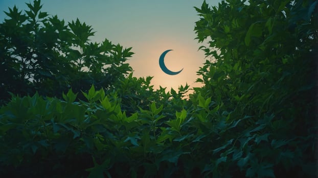 Crescent Moon Rising Behind Green Leaves at Dusk Scenic View photo