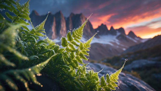 Fern Frond with Dew Drops Overlooking Mountain Range at Sunset photo