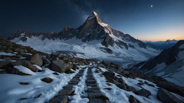 Hiking Stone Path Leading to Majestic Snow Capped Mountain Peaks at Night photo