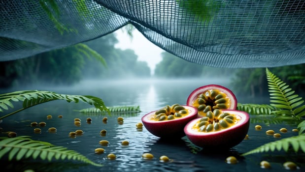 Passion Fruit Displayed Over Water with Tropical Ferns and Forest photo