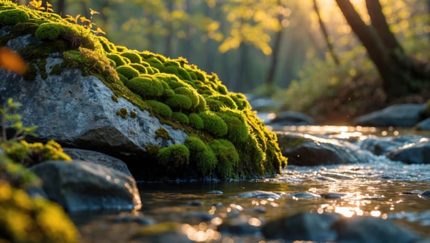 Mossy Rock by Forest Stream at Sunrise with Golden Light photo