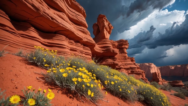 Red Rock Formations and Yellow Wildflowers Under Stormy Sky Landscape photo