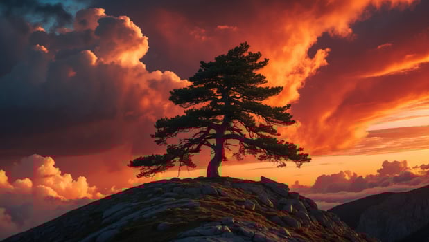Lone Tree Silhouette Against Dramatic Sky at Sunset on Rocky Hill photo