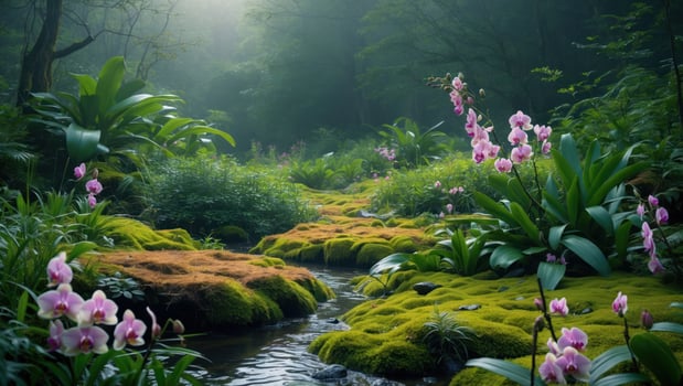 Orchid Blooms Along Stream Through Lush Green Moss Garden Landscape photo