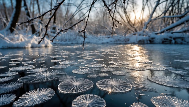 Frozen River with Ice Formations and Winter Landscape at Sunset photo