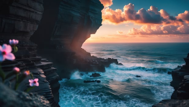 Ocean Cliffside at Sunset with Flowers and Crashing Waves View photo