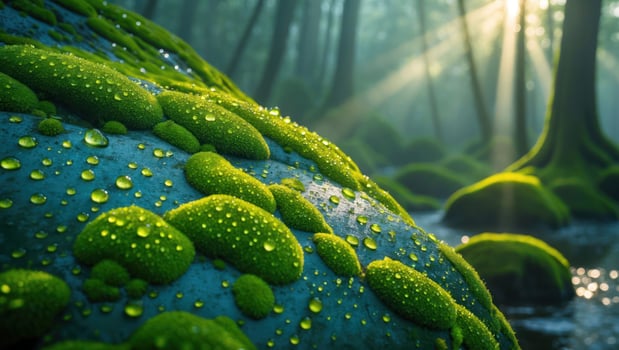 Mossy Rock with Water Droplets in a Lush Green Forest Scene photo