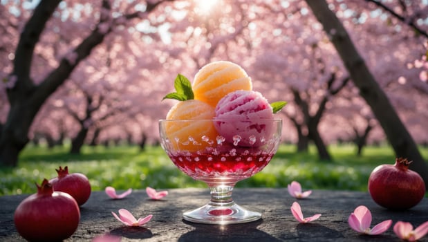 Serving Fruit Sorbet Dessert in Glass Bowl with Blossoms and Pomegranates photo