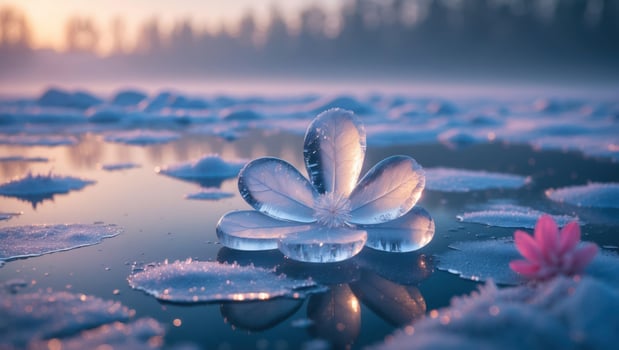Ice Flower Floating on Frozen Water with a Pink Bloom Nearby photo