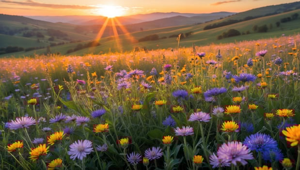 Wildflower Meadow at Sunset with Rolling Hills and Vibrant Floral Display photo