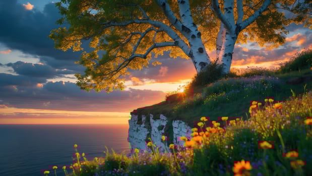 Lone Tree on Cliff at Sunset Over Ocean with Flowers photo