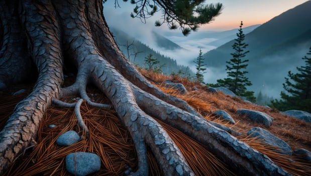 Tree Roots Grasping Hillside Overlooking Mountain Valley with Fog photo