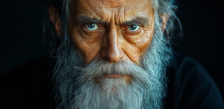 Old man with blue eyes and beard. An elderly man with long white hair and an intense gaze stares directly, exuding wisdom and experience. photo