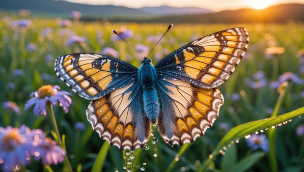 Butterfly on Meadow with Flowers at Golden Hour with Water Drops photo