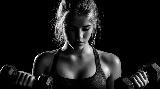 focused woman in fitness outfit holds dumbbells, her determination highlighted by dramatic lighting and sweat photo