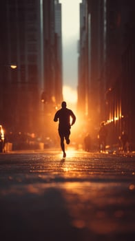 silhouette of person running through city street at sunrise, evoking fitness and determination in urban setting photo