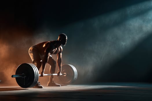 determined athlete lifting heavy barbell in dramatic gym setting, showcasing strength and fitness focus photo