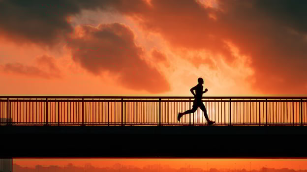 silhouette of person running on bridge during vibrant sunset, symbolizing fitness and determination photo