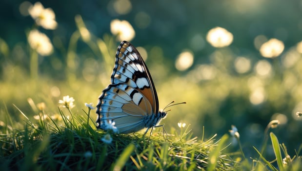 Butterfly on Grass with White Flowers in Warm Sunlight photo